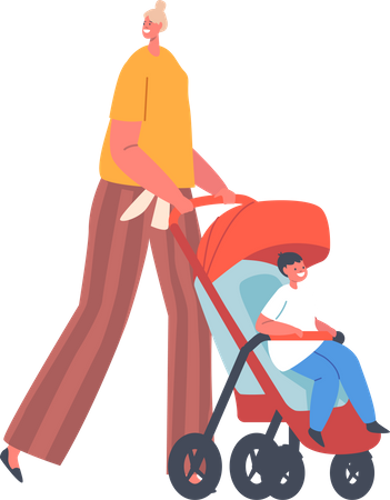 Mère marchant avec un enfant à l'intérieur d'un chariot  Illustration