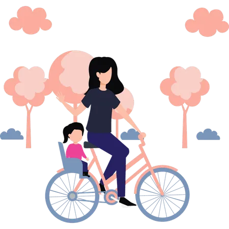 La mère fait du vélo avec son enfant dans le parc  Illustration