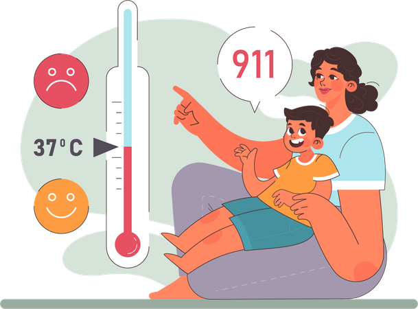 Mère montrant la température du thermomètre  Illustration