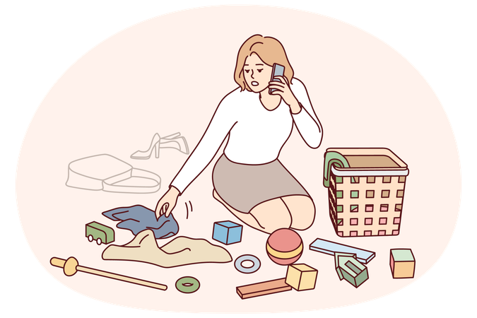 Mère nettoyant la chambre des enfants  Illustration