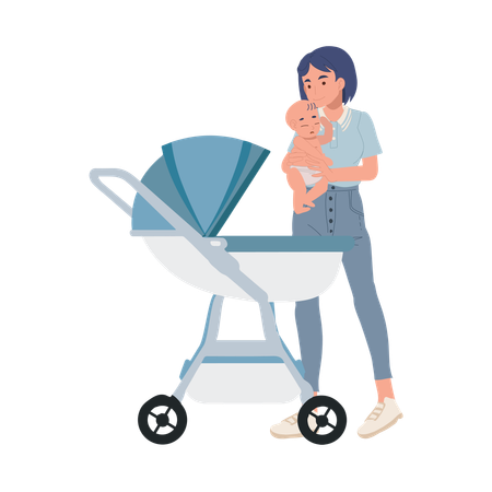 Mère portant son bébé dans la poussette  Illustration