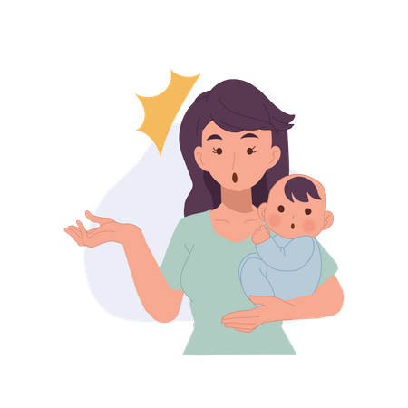 La mère porte bébé sur son bras et remarque quelque chose  Illustration