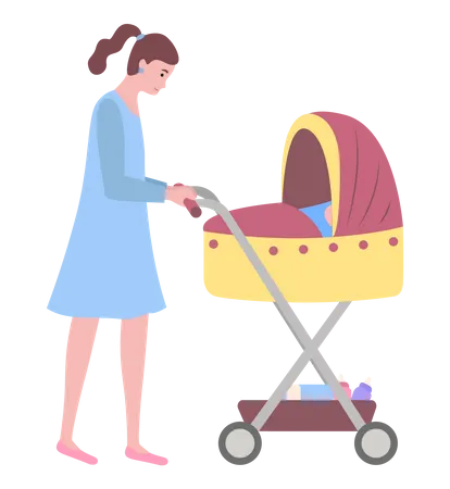 Mère poussant le chariot de bébé  Illustration