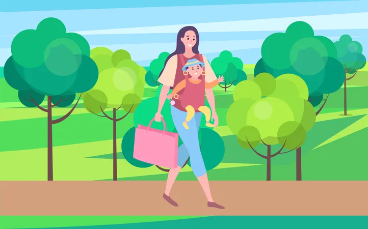 Mère prenant bébé dans un sac  Illustration