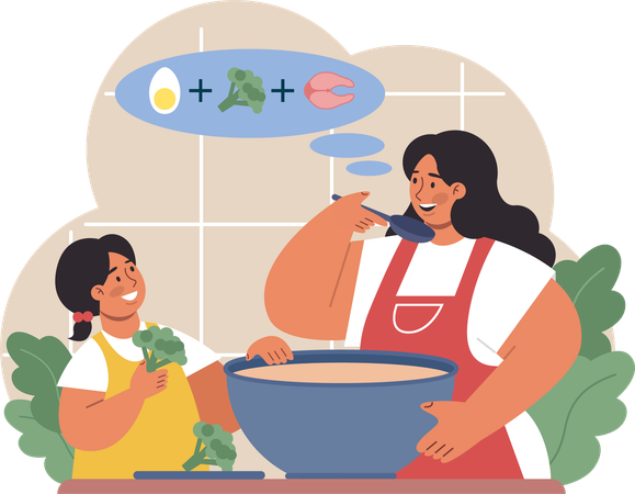 La mère prépare la soupe aux légumes  Illustration