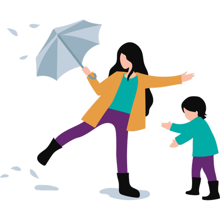 La mère protège son enfant de la pluie  Illustration