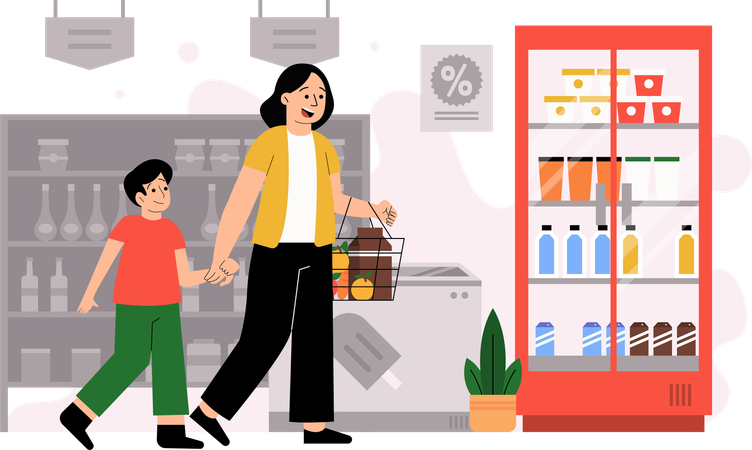 Mère faisant du shopping à l'épicerie avec son fils  Illustration