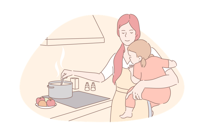 Mère tenant une petite fille pendant la cuisson dans la cuisine  Illustration