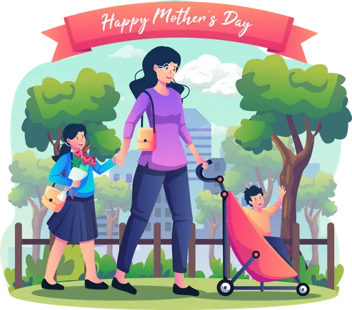 Mère tenant la main de sa fille et portant un enfant dans une poussette marchant dans le parc de la ville  Illustration