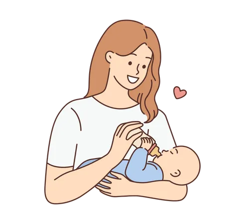 Mère tenant bébé né et nourrissant bébé  Illustration