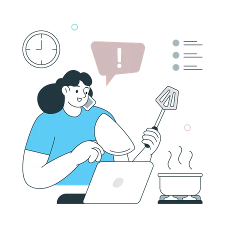 Une mère travaille sur un ordinateur portable tout en cuisinant  Illustration