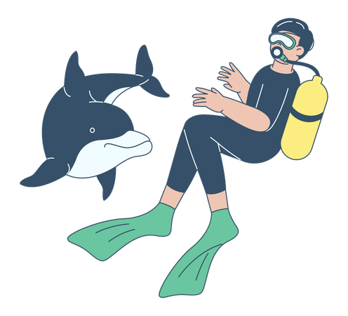 Mergulhador interagindo com golfinho debaixo d'água  Ilustração