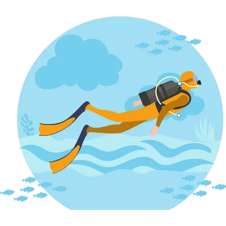 Mergulhador mergulhando no mar  Ilustração
