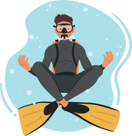 Personagem mergulhador flutuando em posição de lótus yoga  Ilustração