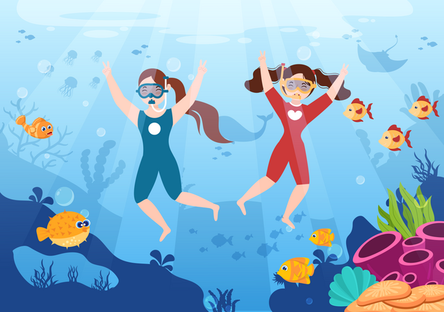 Crianças mergulhando com snorkel  Ilustração