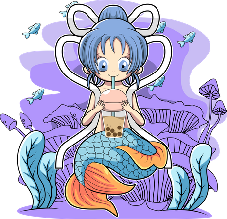 Mermaid Drinking Boba Tea Illustration
