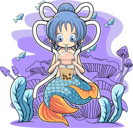 Mermaid Cute Drinking Boba Vector Illustration Design Illustration