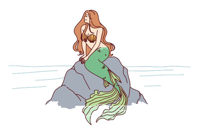 Mermaid sits on sea rock  Illustration
