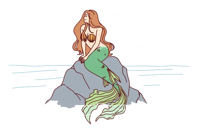 Mermaid sits on sea rock  Illustration