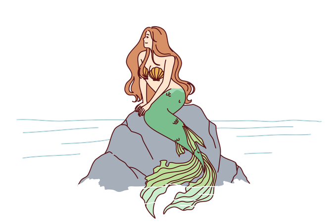 Mermaid sits on sea rock  일러스트레이션