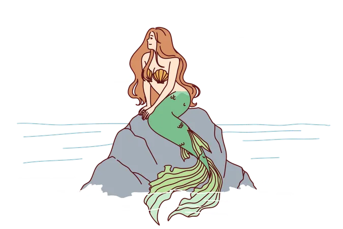Mermaid Sits On Sea Rock To Illustrate Fairy Tales About Ocean Dwellers And Magical Creatures Living Underwater Beautiful Mermaid Girl With Fish Tail And Shell Bra Looks To Side In Search Of Ships Illustration