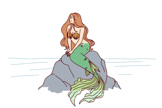 Mermaid sits on sea rock  Illustration