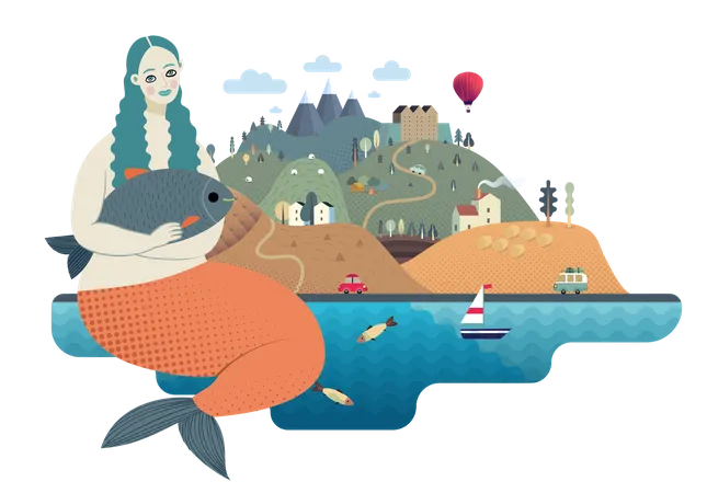 Mermaid sitting near magical Island Illustration