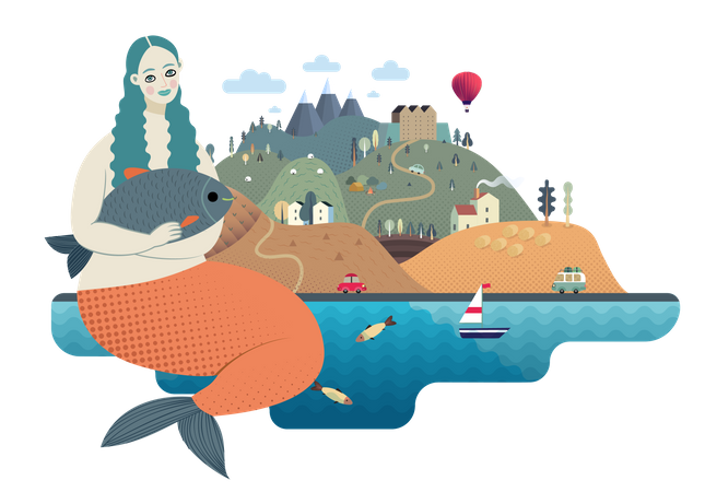 Mermaid sitting near magical Island  Illustration