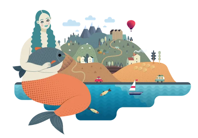 Mermaid sitting near magical Island  Illustration