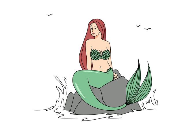 Mermaid sitting on rock at sea  Illustration