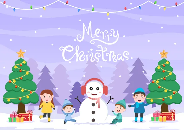 Happy Celebrating Christmas Day With Kids And Snowman The Decoration Tree And Some Gift Background Vector Illustration Illustration