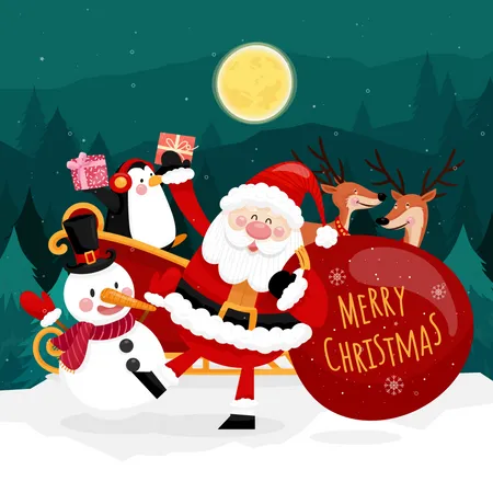 Merry Christmas Card With Santa Snowman And Gift Box Illustration