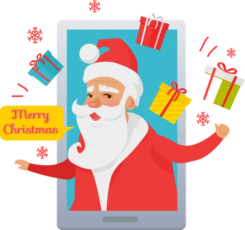 Merry Christmas Santa Claus Inside Cellphone And Looking Out Smartphone With Colourful Gift Boxes And Red Snowflakes Hovering Around Character In Cartoon Style Flat Design Vector Greeting Card Illustration
