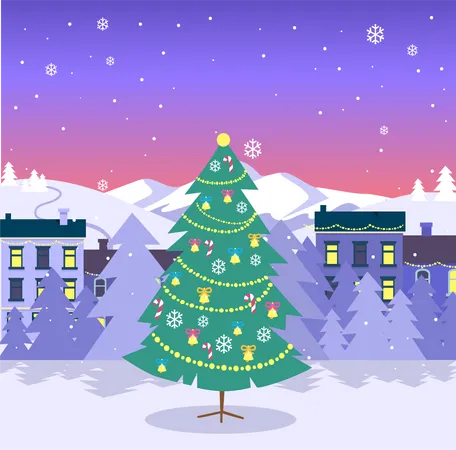 Merry Christmas And Fir Tree On City Background Christmas Tree Decorated By Bright Festoon Snowflake Candy Canes And Bells Vector Illustration Of White High Mountains Forest And Blocks Of Flats Illustration