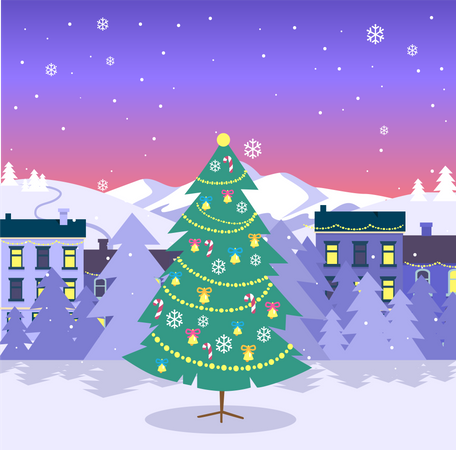 Merry Christmas and Fir Tree on City  Illustration