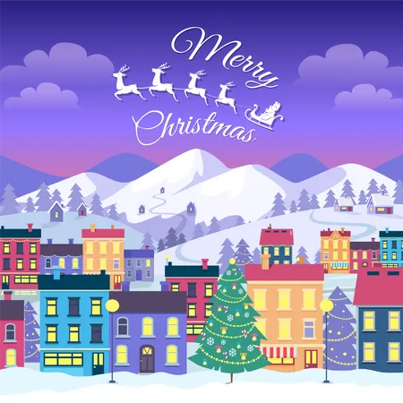 Merry Christmas And Happy New Year Vector Illustration Of Decorated Town Houses And Adorned Spruces In Winter Time In Cartoon Style High Mountains Covered With Snow In Evening On Background Illustration