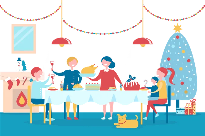 Merry Christmas And Happy New Year Poster With Family That Has Festive Dinner Together Besides Decorated Holiday Tree Cartoon Vector Illustration イラスト