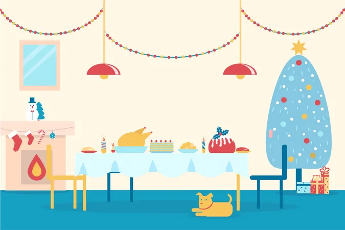 Merry Christmas And Happy New Year Banner With Served Table Fireplace And Traditional Decorated Tree Dog And Presents On Vector Illustration 일러스트레이션