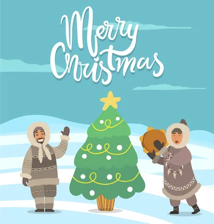 Merry Christmas Arctic People With Pine Tree Card  Illustration