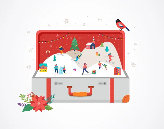 Merry Christmas Background Big Open Suitcase With Winter Scene And Small People Young Men And Women Families Having Fun In Snow Skiing Snowboarding Sledding Ice Skating Illustration