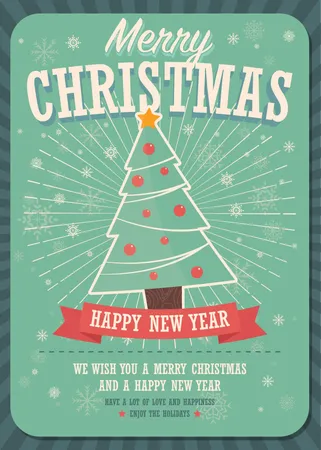 冬の背景にクリスマスツリーとギフトボックスが描かれたメリークリスマスカード  イラスト