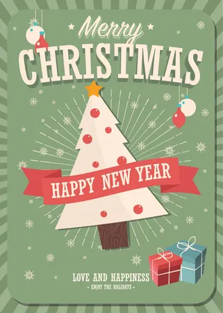 冬の背景にクリスマスツリーとギフトボックスが付いたメリークリスマスカード、ベクターイラスト  イラスト