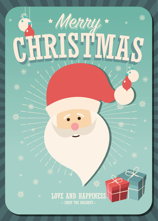 Merry Christmas card with Santa Claus and gift boxes on winter background, vector illustration Illustration