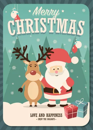 Merry Christmas card with Santa Claus and reindeer and gift boxes on winter background, vector illustration Illustration