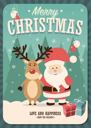 Merry Christmas card with Santa Claus and reindeer and gift boxes on winter background, vector illustration  Illustration