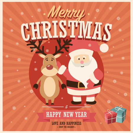 Merry Christmas card with Santa Claus and reindeer with gift boxes, vector illustration  Illustration