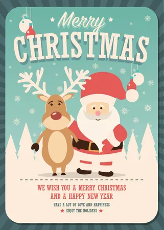 Merry Christmas card with Santa Claus and reindeer on winter background Illustration