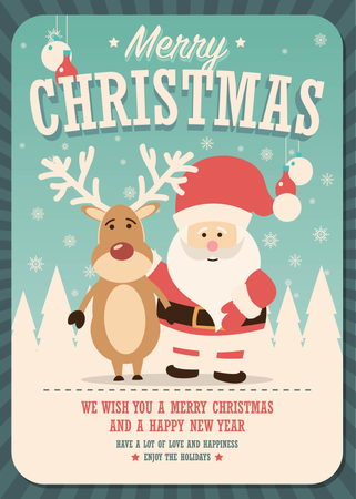 Merry Christmas card with Santa Claus and reindeer on winter background  Illustration