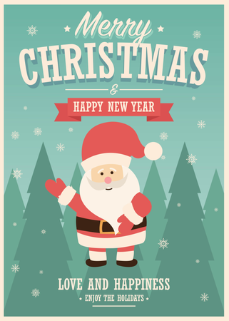 Merry Christmas card with Santa Claus on winter landscape background, vector illustration  Illustration