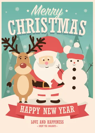 Merry Christmas card with Santa Claus, reindeer and snowman on winter background, vector illustration  Illustration